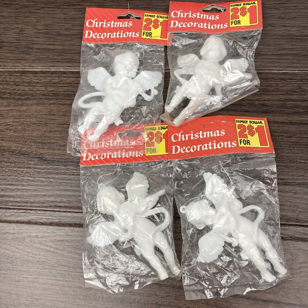 VTG Set 4 Musical Angel Cherub Christmas Ornaments White Plastic Harp Lute Flute